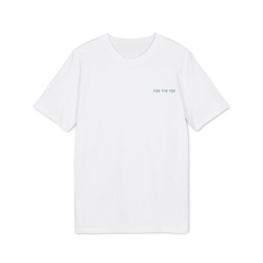 Surfbrett Illustration, "Ride the Tide", Meer Surfen Design T-Shirt aus Baumwolle Unisex mit Print vorne und hinten, Ozean