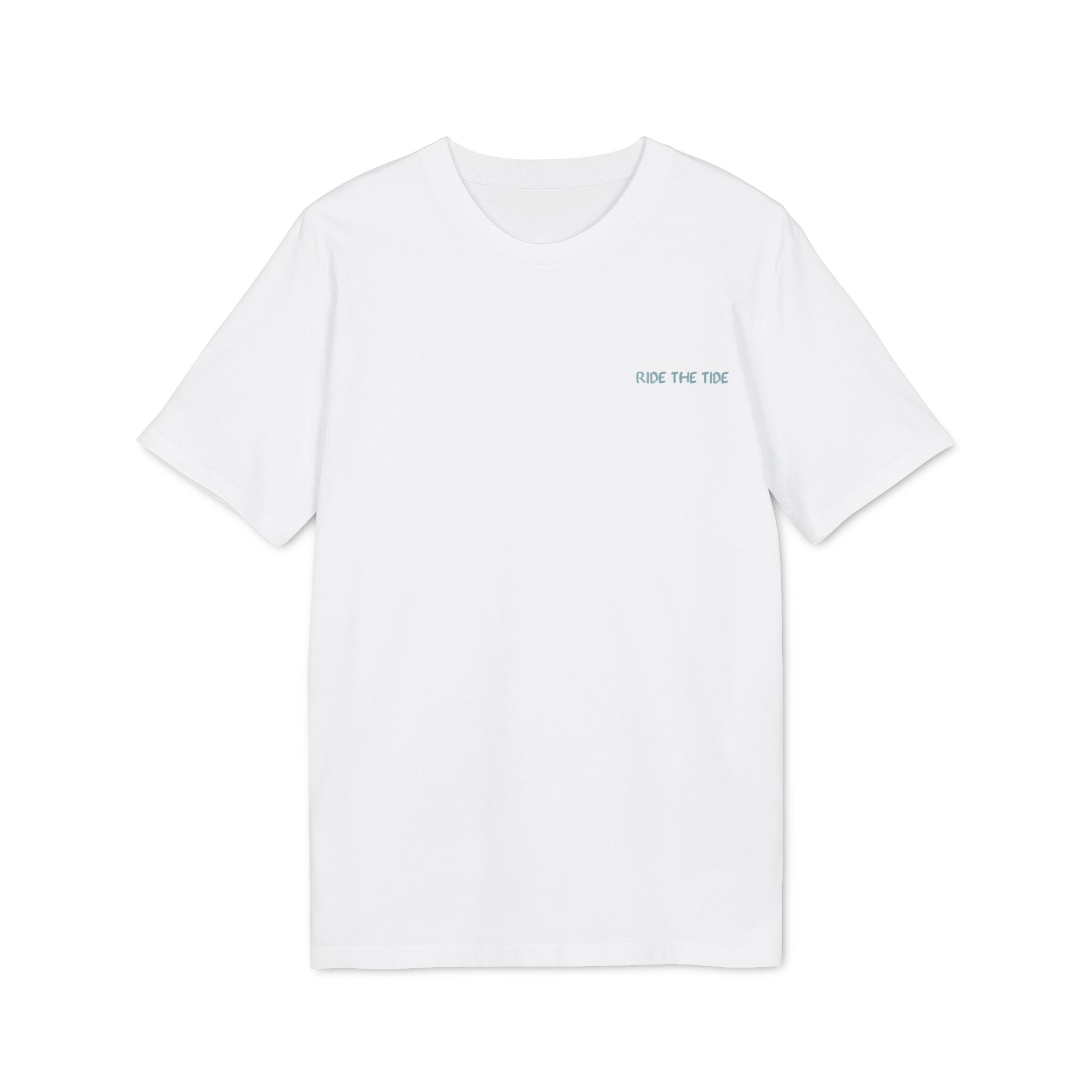 Surfbrett Illustration, "Ride the Tide", Meer Surfen Design T-Shirt aus Baumwolle Unisex mit Print vorne und hinten, Ozean