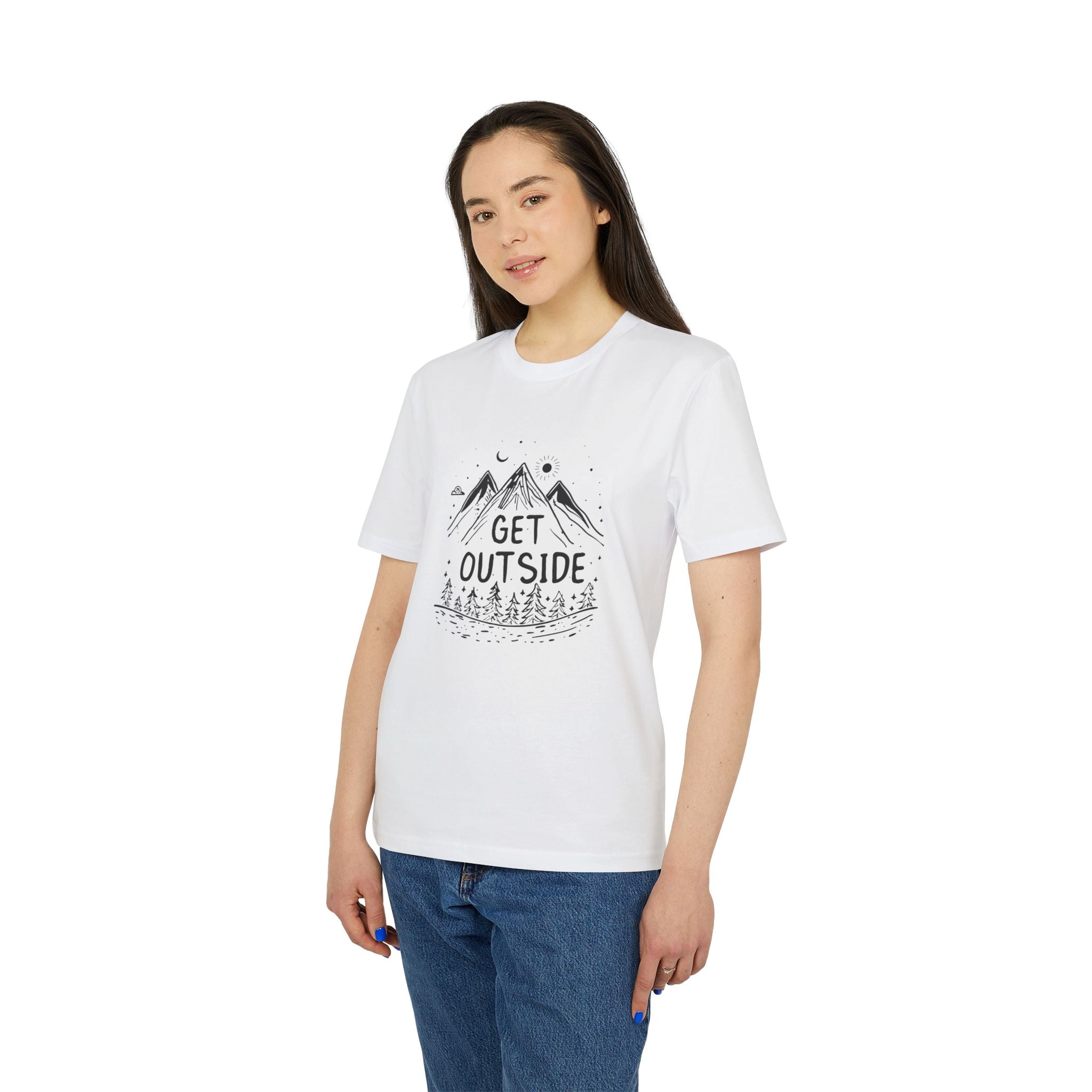 Get Outside T-Shirt – Outdoor Illustration mit Bergen & Wald | Unisex Bio-Baumwollshirt