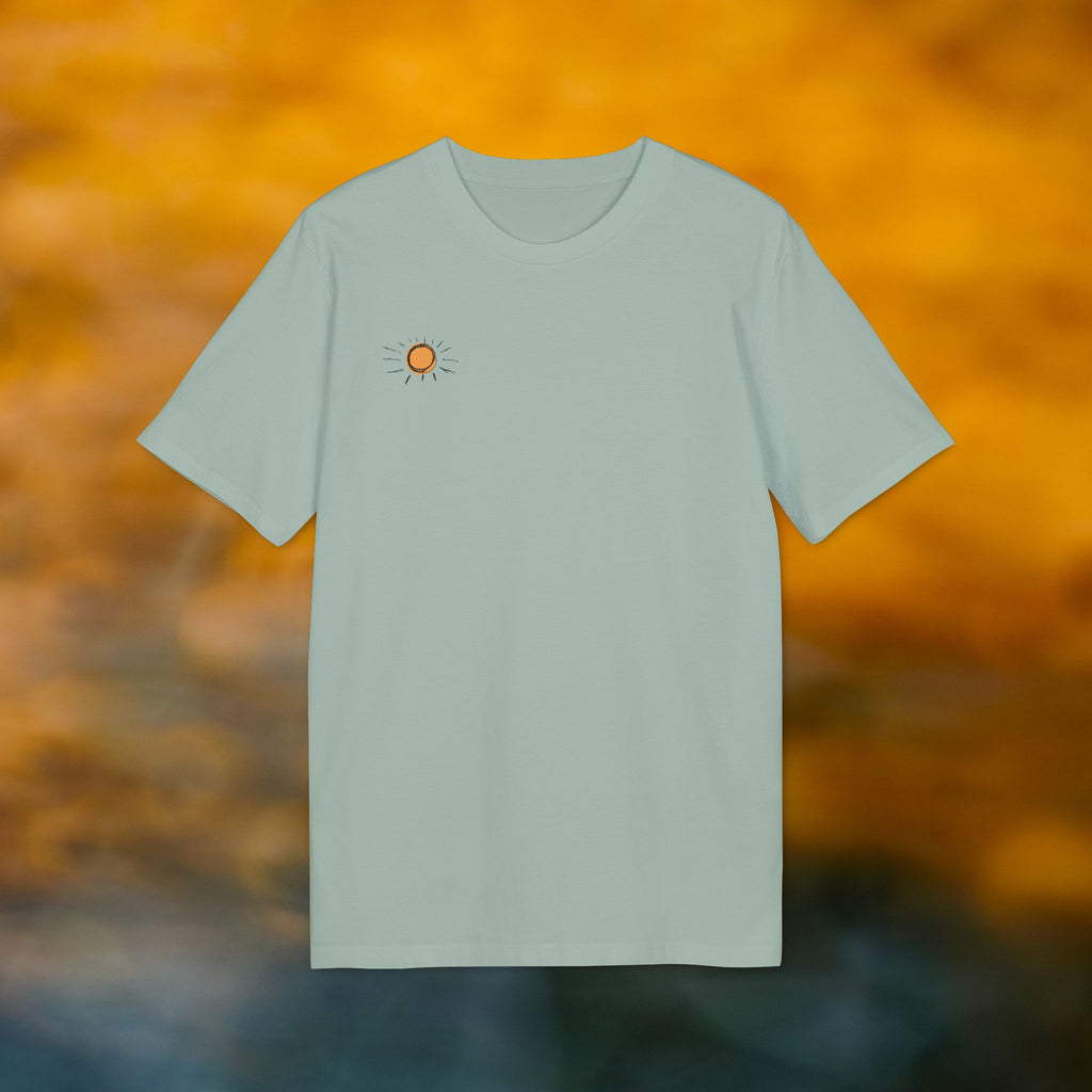 Ride the Tide T-Shirt – Shaka Surfer Sonne Design | Sommer Beachshirt mit Rückendruck | Unisex Bio-Baumwollshirt