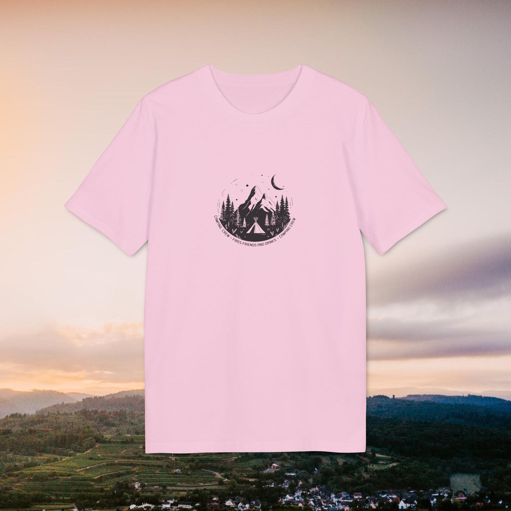 Camping Crew Outdoor Shirt, Sommer T-Shirt, Vintage Linoleum-Druck-Style aus Bio Baumwolle