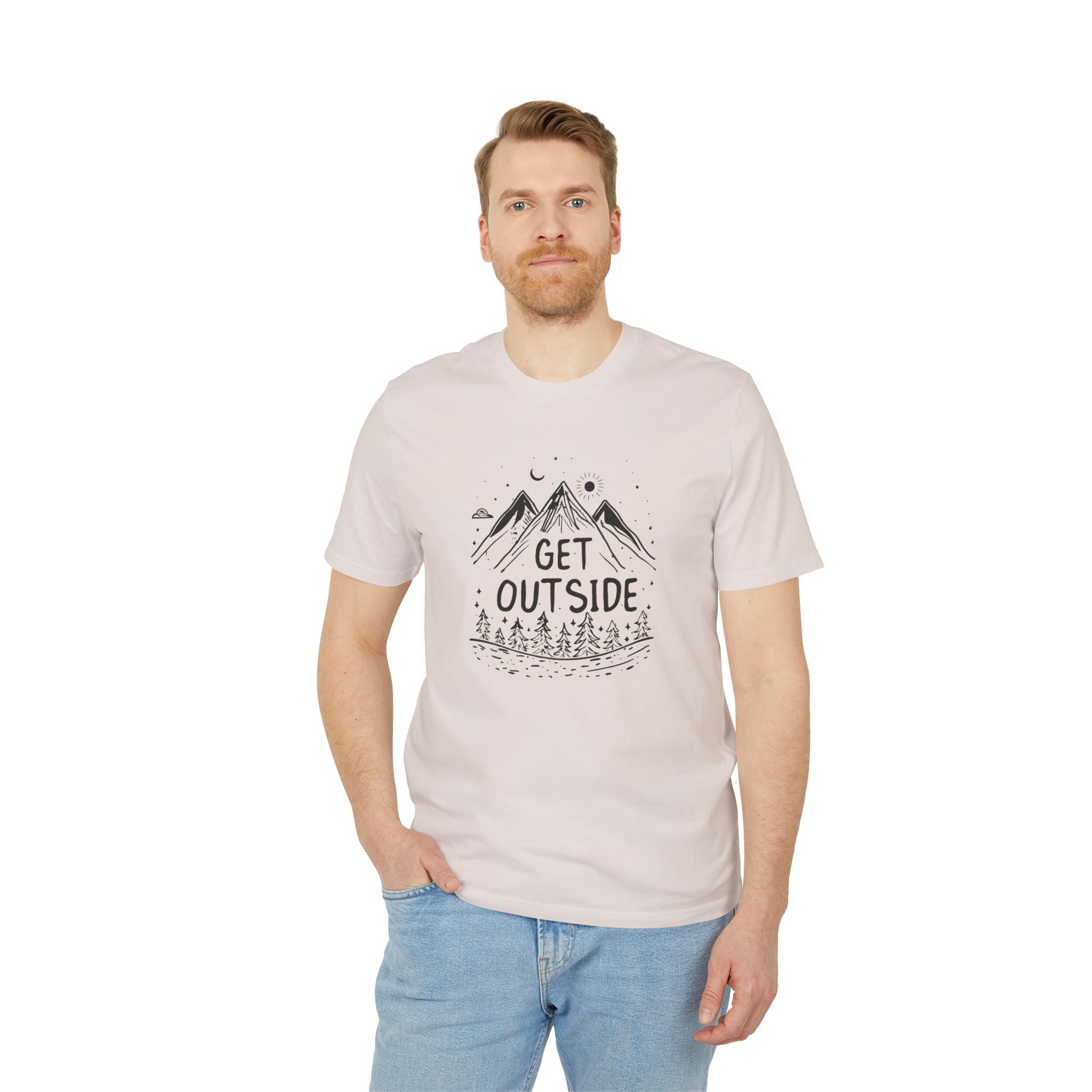 Get Outside T-Shirt – Outdoor Illustration mit Bergen & Wald | Unisex Bio-Baumwollshirt
