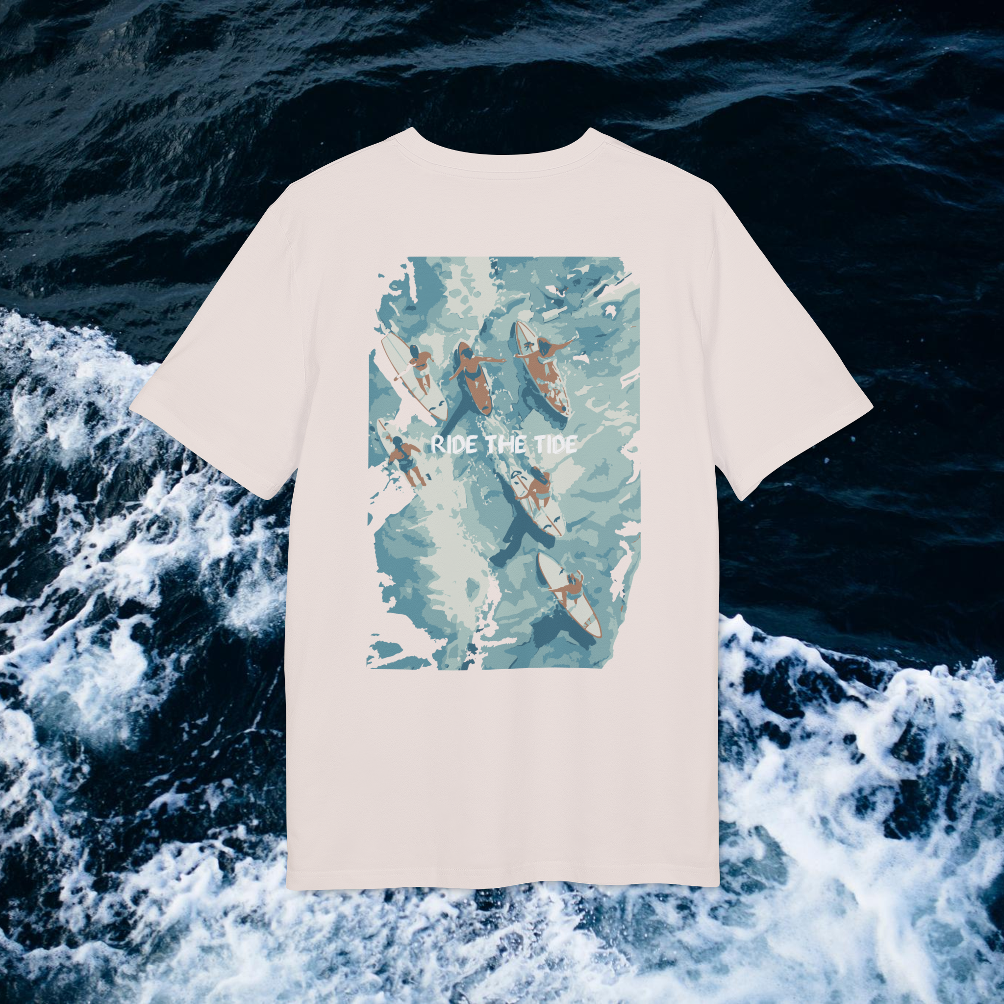 Surfbrett Illustration, "Ride the Tide", Meer Surfen Design T-Shirt aus Baumwolle Unisex mit Print vorne und hinten, Ozean