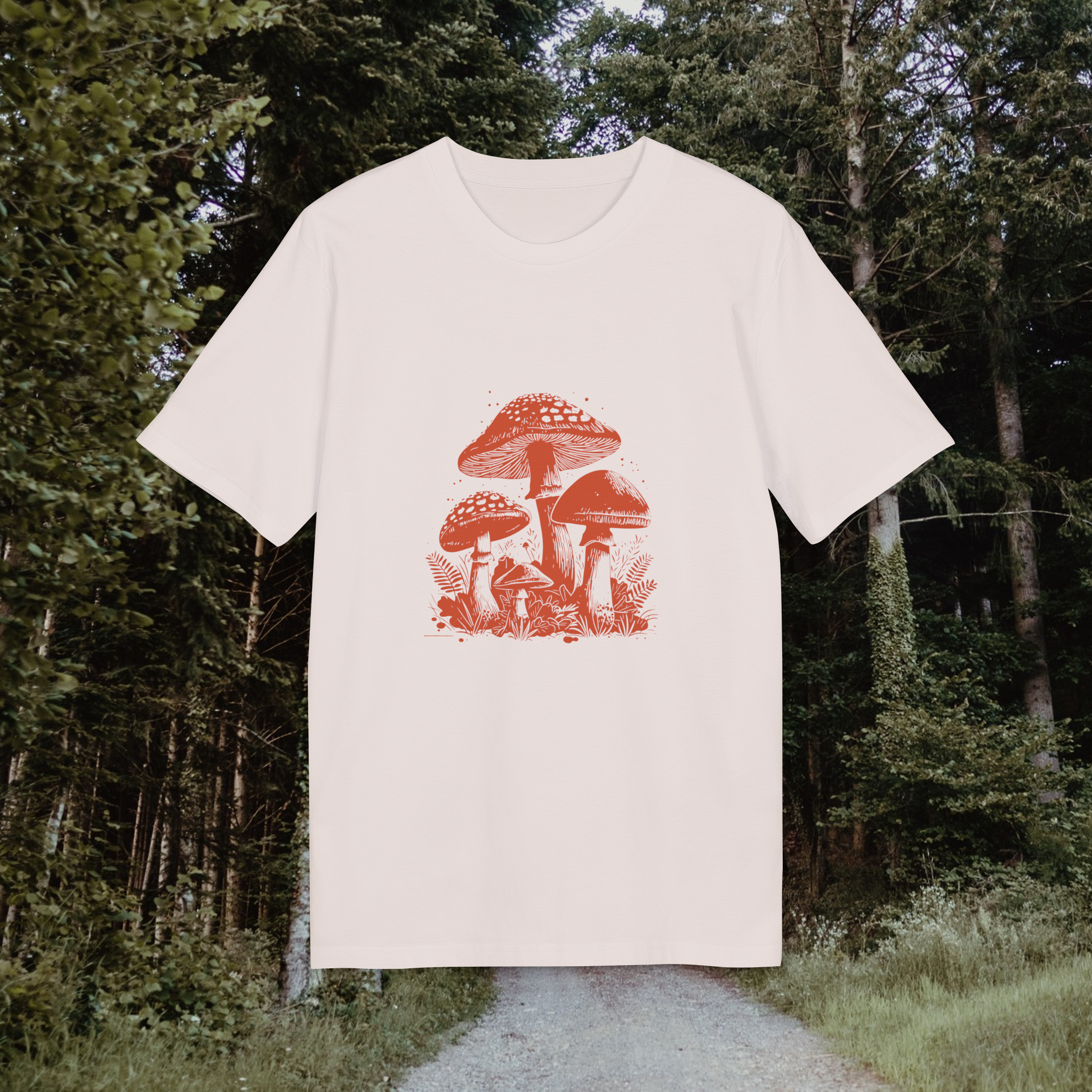 Pilze im Wald Illustration Shirt, Vintage-inspiriertes Baumwoll-T-Shirt, Unisex