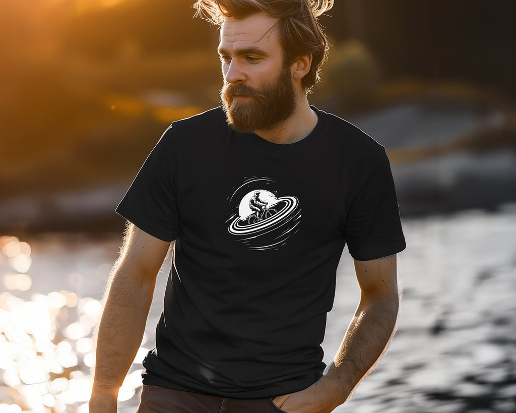 Fahrrad im Universum, Radsport Shirt, Illustration, T-Shirt aus Bio Baumwolle Unisex mit Print vorne